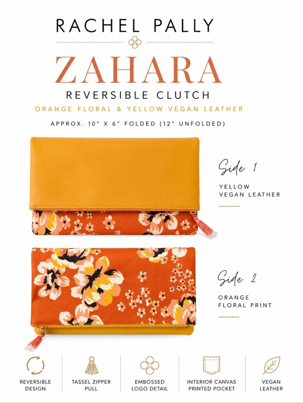Rachel Pally Zahara Reversible Clutch | Orange Floral & Yellow Vegan Leather